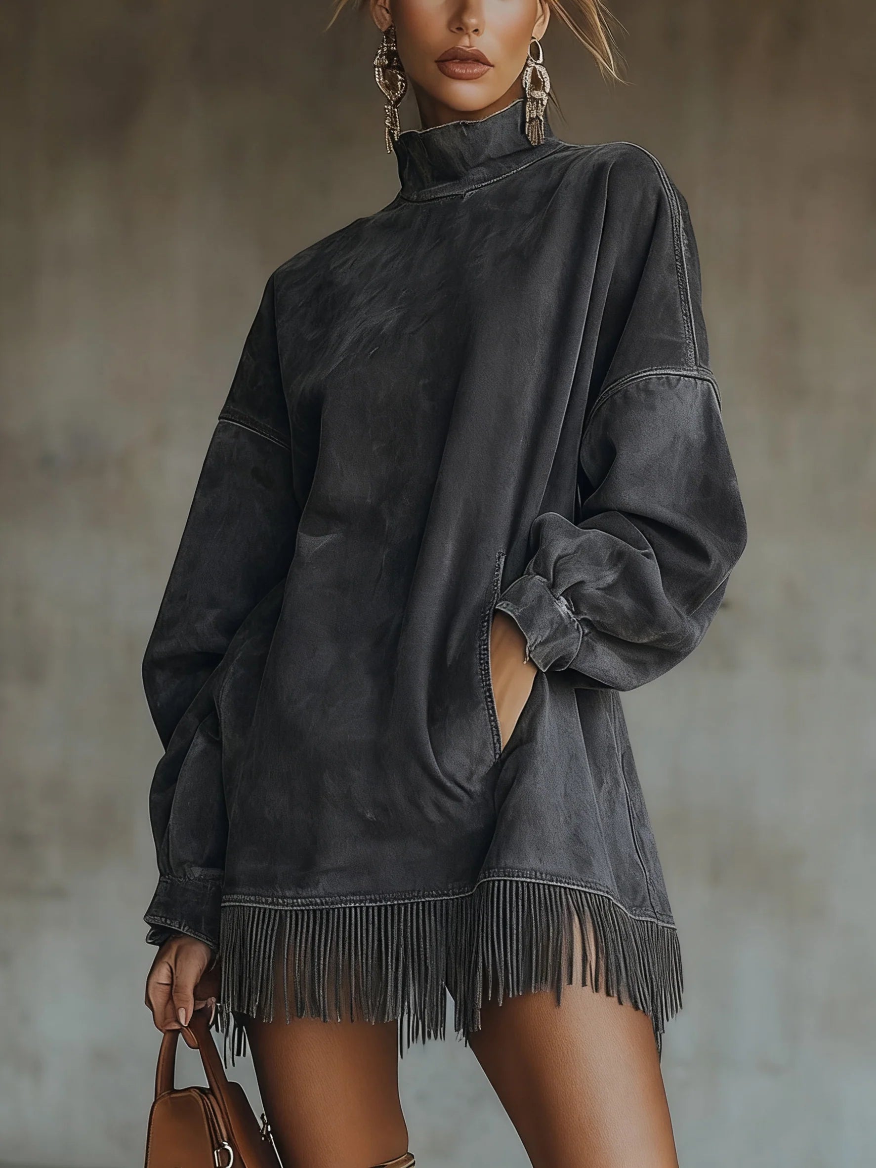 Women's faux suede turtleneck midi dress with fringe hem, relaxed silhouette, warm chic style