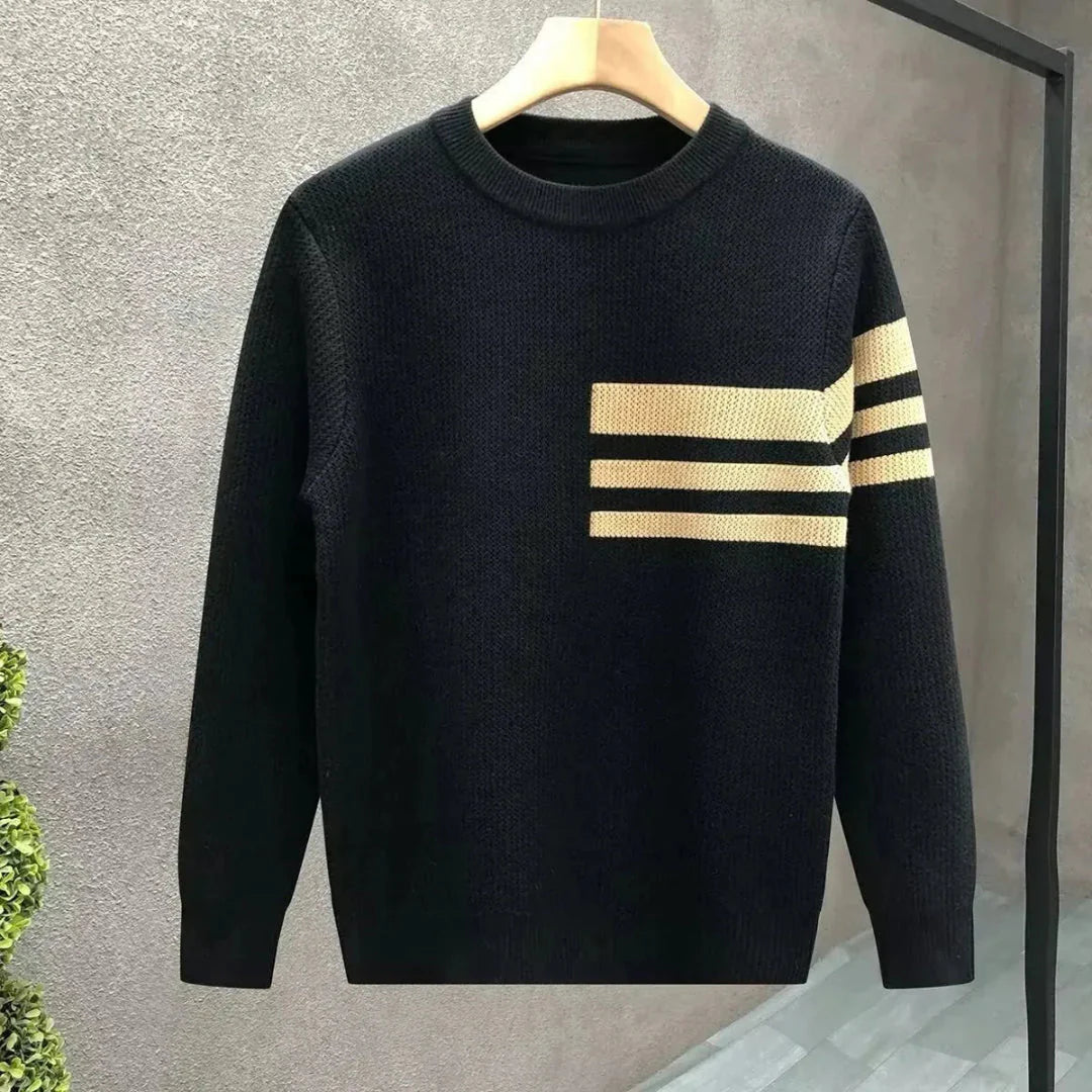 Men's striped crewneck pullover tailored fit breathable knit with contrasting chest and sleeve stripes