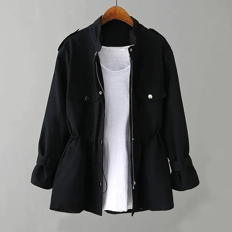 Women's beige cotton jacket slim elegant fit drawstring waist with side pockets all-season layer