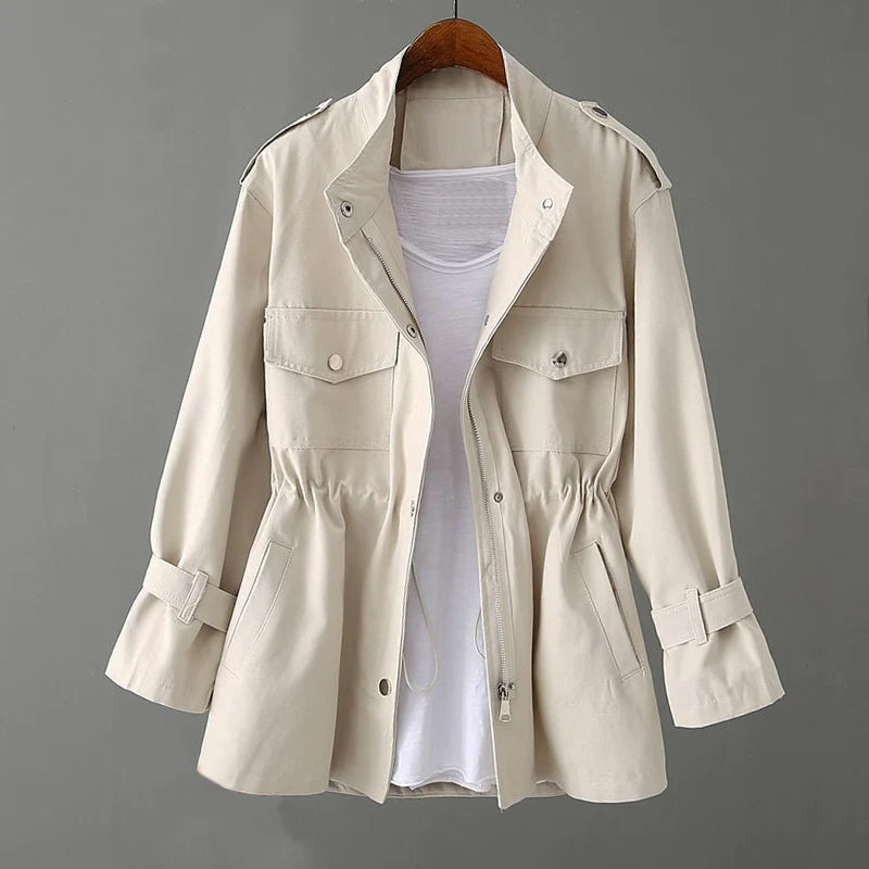 Women's beige cotton slim jacket with drawstring waist, side pockets, elegant all-season everyday style