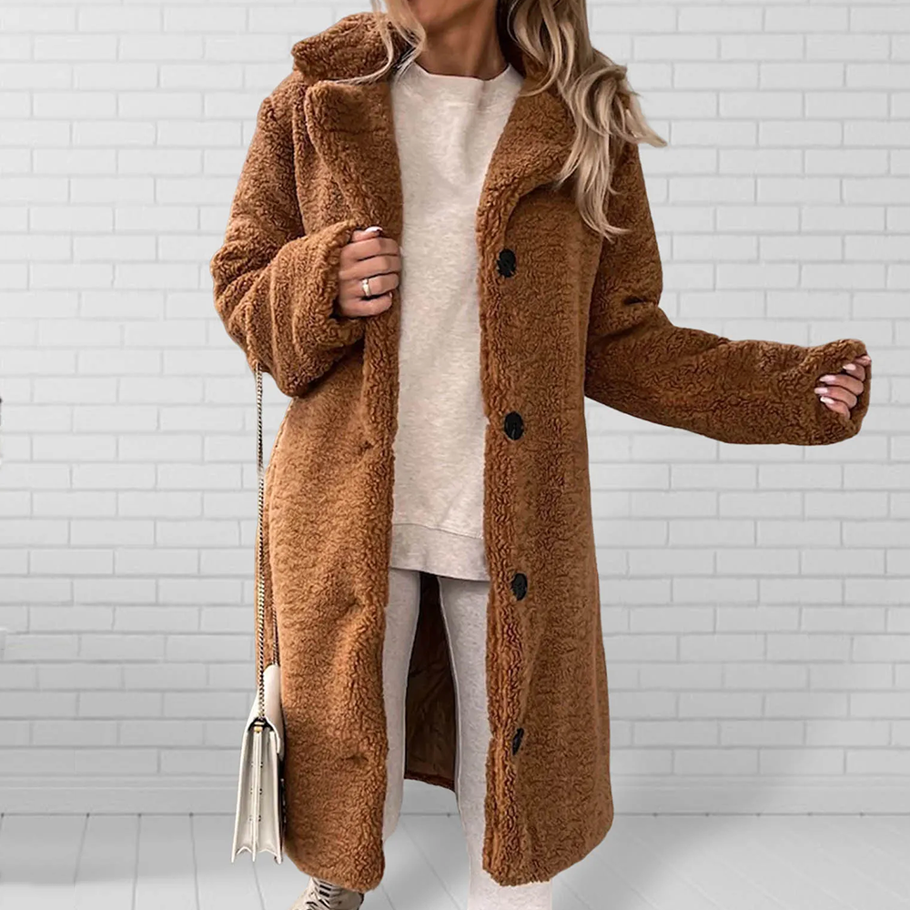 Women's camel plush coat soft fleece effect lightweight elegant longline winter outerwear