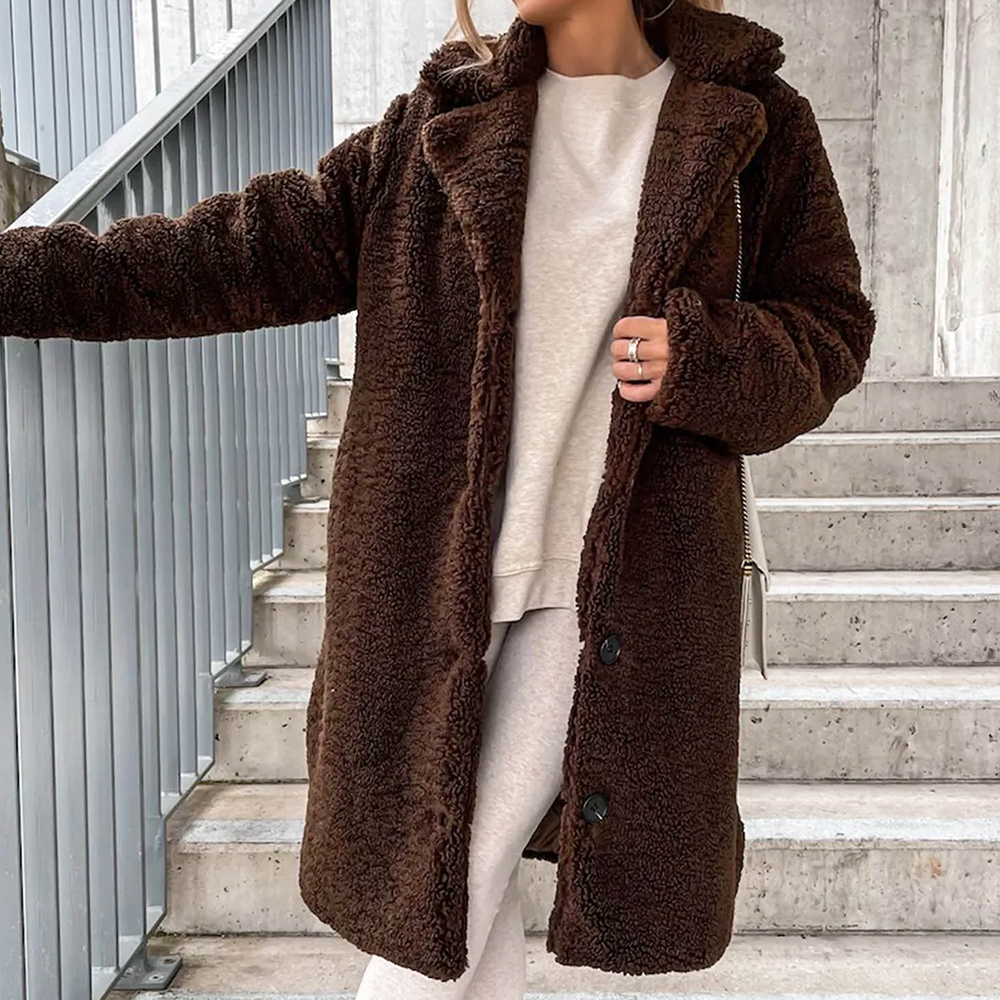 Women's camel plush coat soft fleece effect lightweight elegant winter outerwear cozy comfort