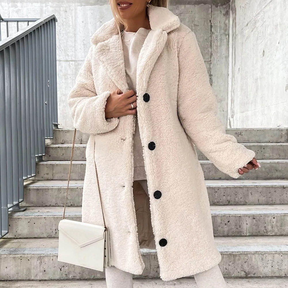 Women's camel plush coat soft fleece effect lightweight elegant silhouette cozy winter outerwear
