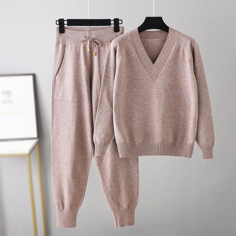 Women's silky knit leisure set in neutral tone, elegant relaxed fit with fluid drape for everyday style