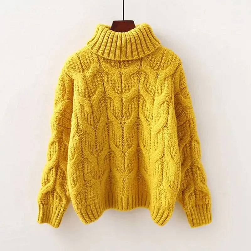 Women's ivory thick-knit turtleneck sweater cozy oversized winter pullover with generous collar