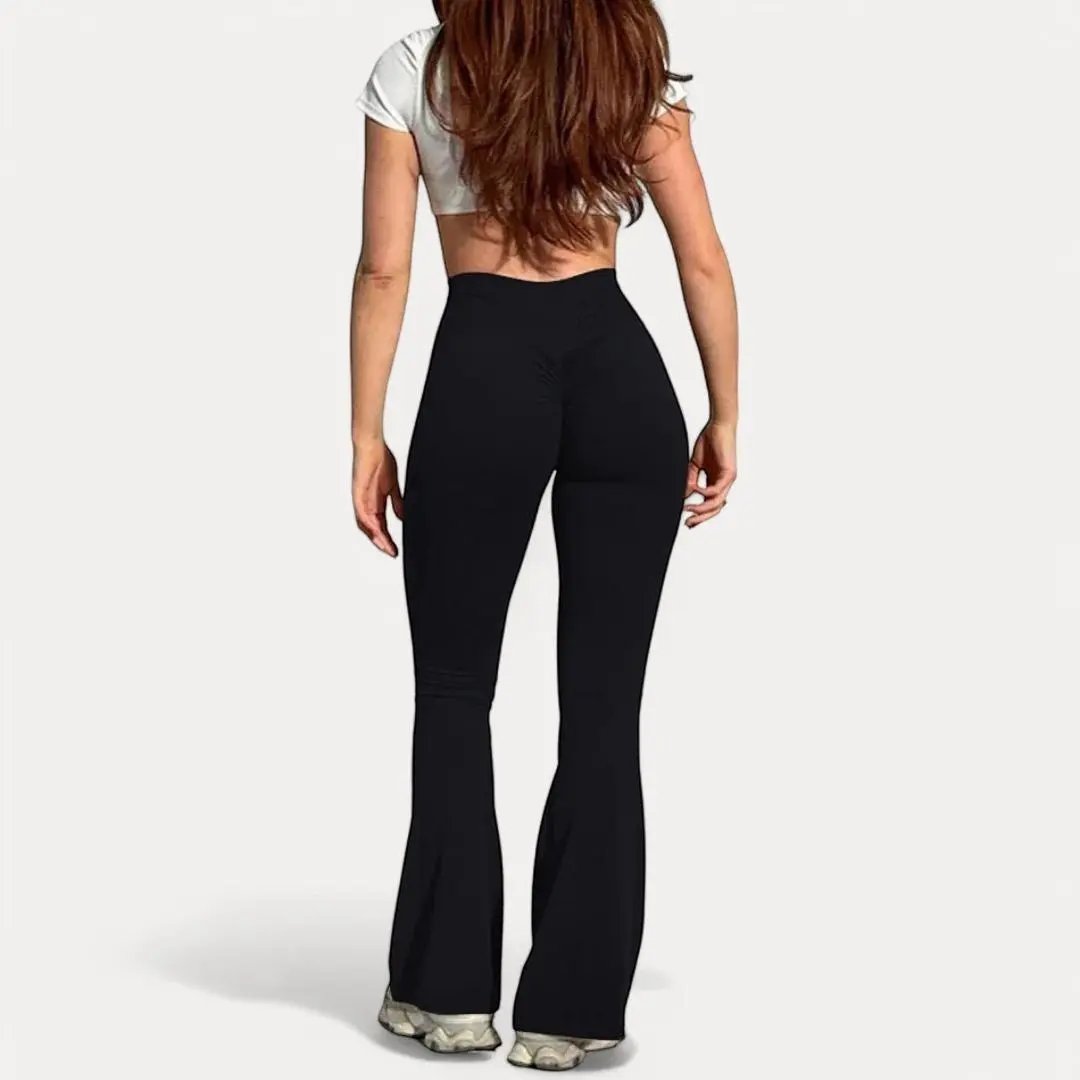 Women's black high-waist flare leggings with scrunch butt detail and contoured sculpting support