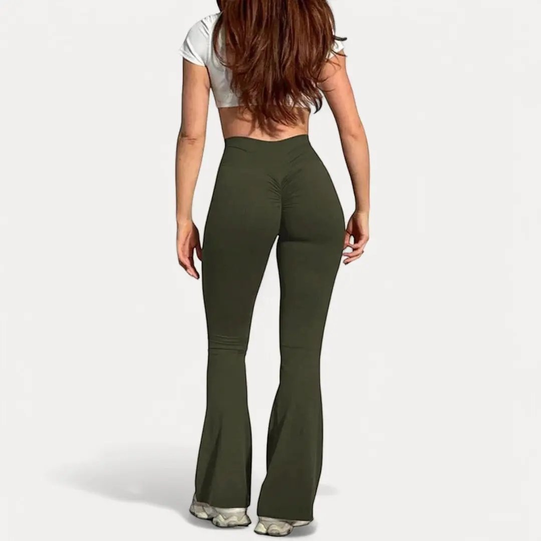 Women's black high-waist flare leggings with scrunch butt detail for sculpted curves