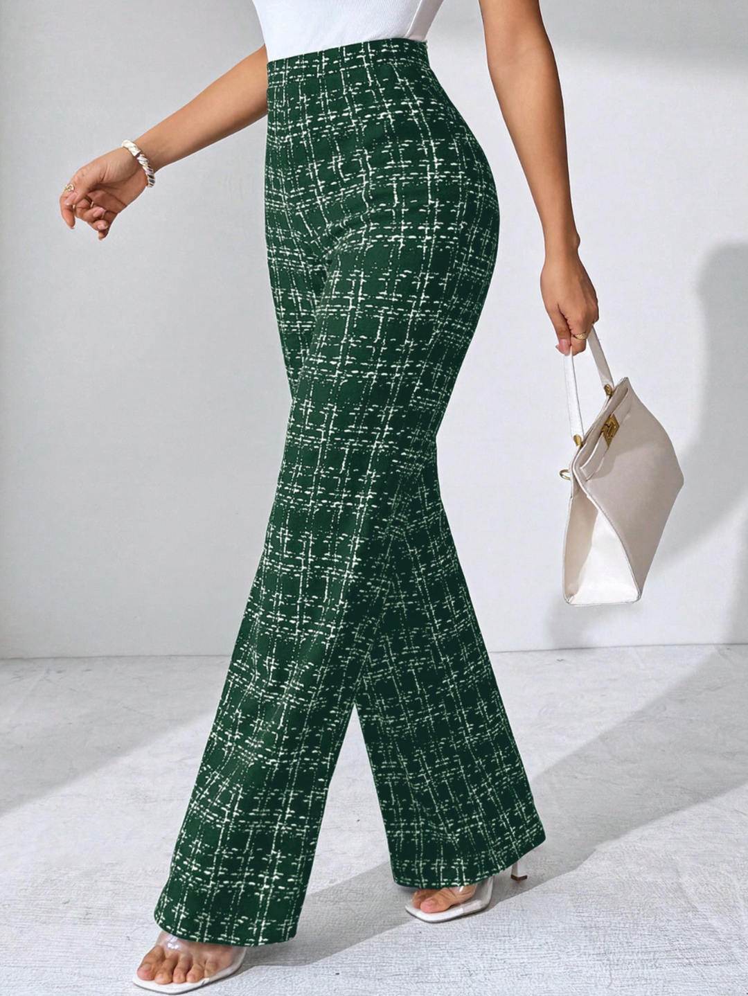 Women's plaid flare pants high rise pull-on ultra-soft stretch knit crosshatch pattern