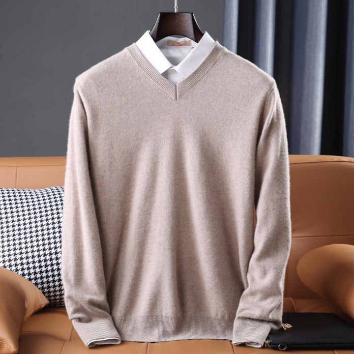 Men's lightweight V-neck sweater in classic knit, versatile layering piece for work or weekend wear