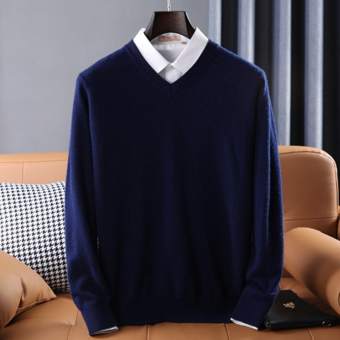 Men's lightweight V-neck sweater in classic knit, versatile layering piece for work or weekend wear