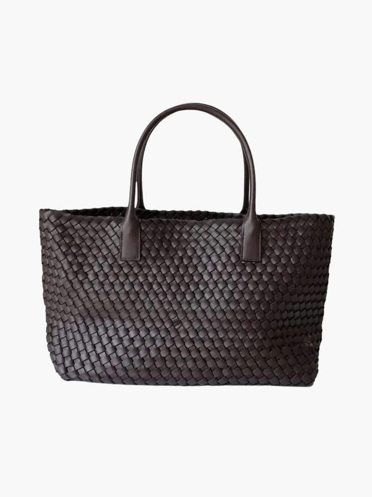 Tan woven leather tote bag with handcrafted texture, spacious interior, timeless professional style