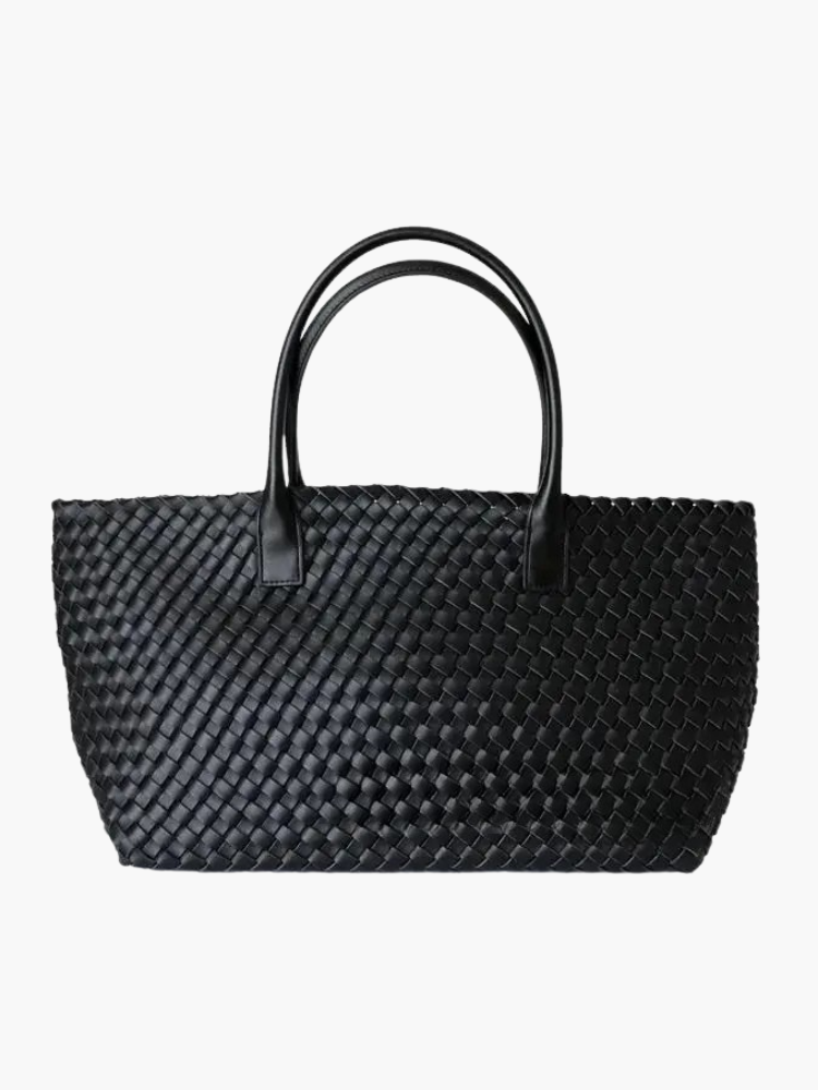 Tan woven leather tote bag with handcrafted texture, spacious interior, professional everyday elegance