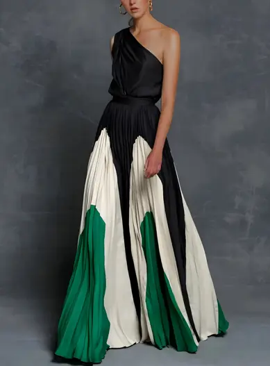 Ruby asymmetrical one-shoulder maxi dress with flowing pleats, elegant fitted waist formal gown