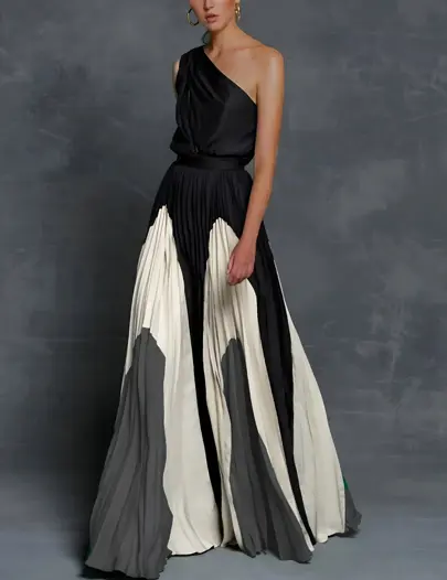 Ruby asymmetrical one-shoulder maxi dress with flowing pleats, elegant formal gown for women