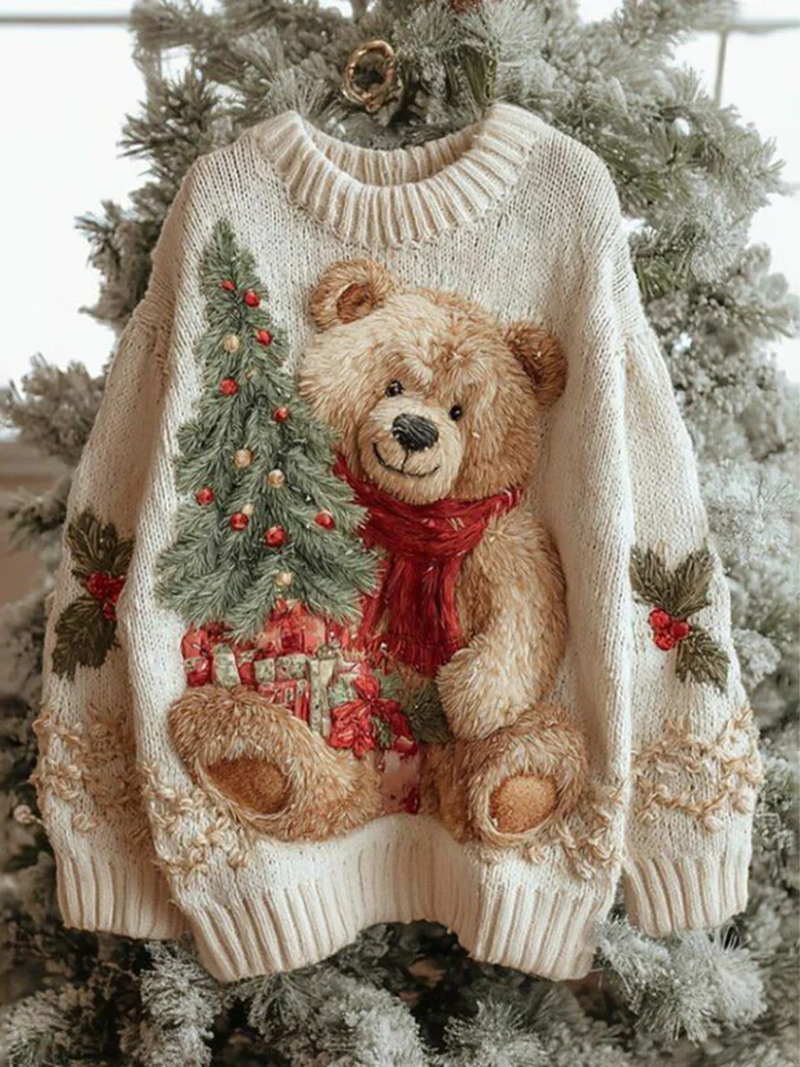 Women's cream relaxed-fit Christmas knit sweater with festive teddy bear holiday motif and crew neckline