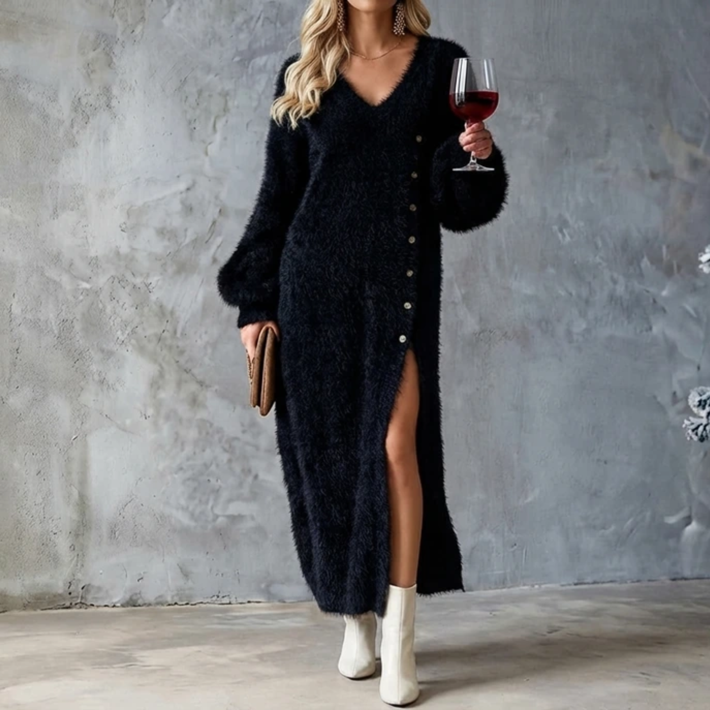 Fuzzy knit maxi dress with V-neck, soft textured fabric, and subtle side button details
