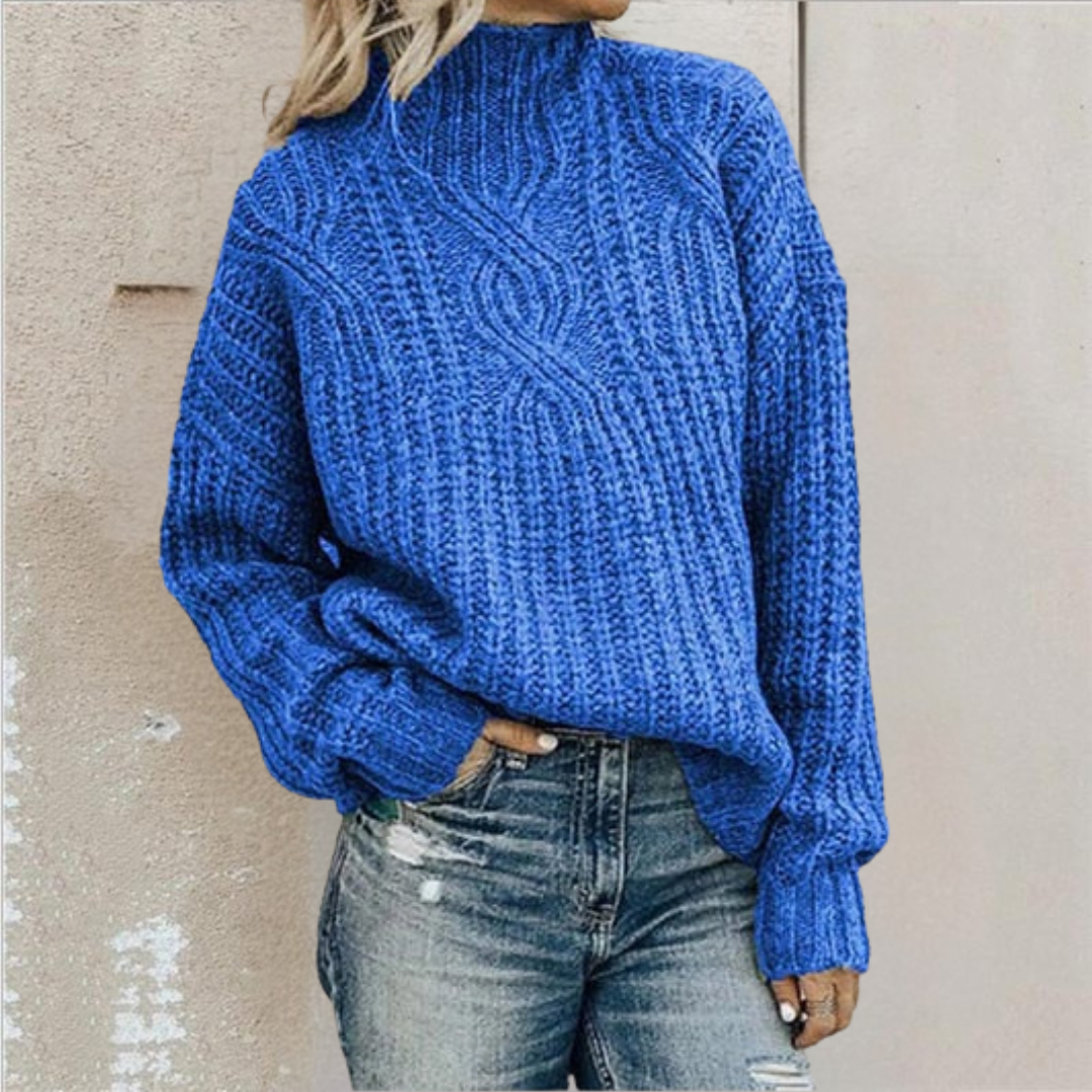 Women's chunky cable knit sweater warm high neck relaxed fit cozy everyday layering essential