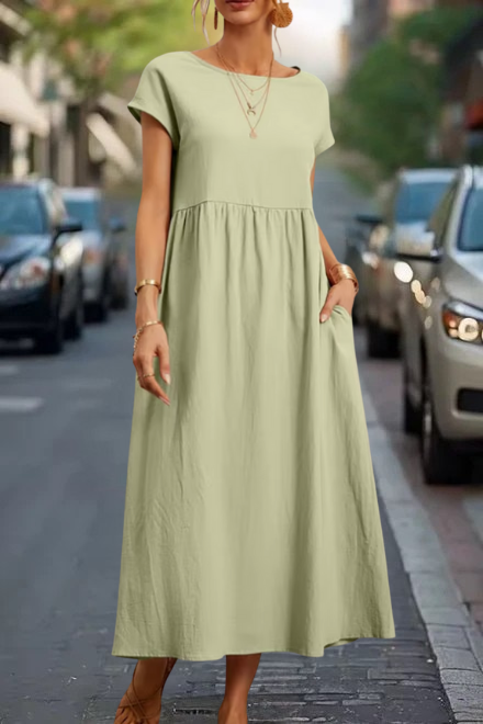 Women's relaxed midi dress soft short sleeves gathered waist flowy silhouette with pockets