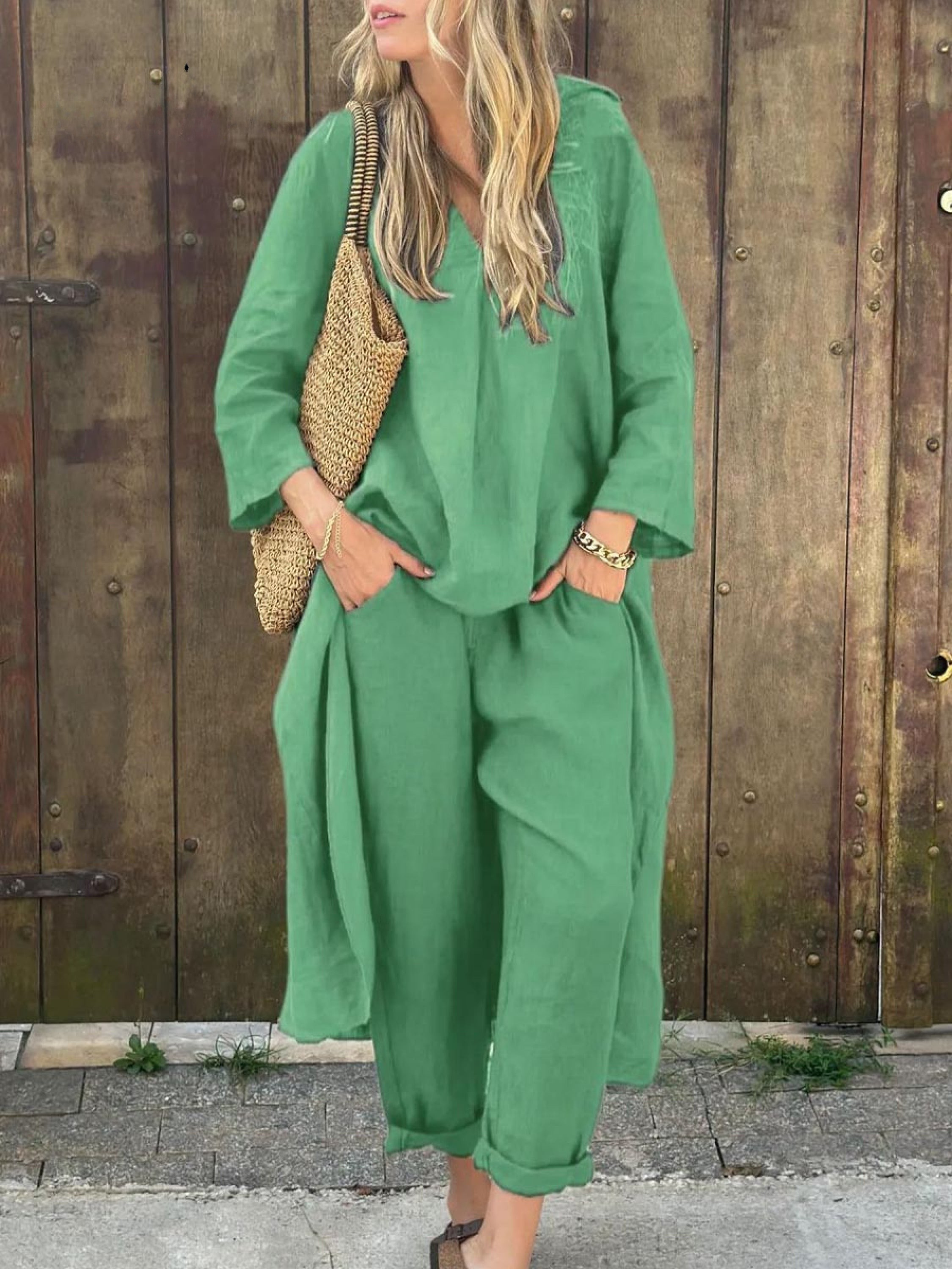 Women's linen co-ord set loose V-neck top high-waisted wide-leg pants irregular hem with pockets
