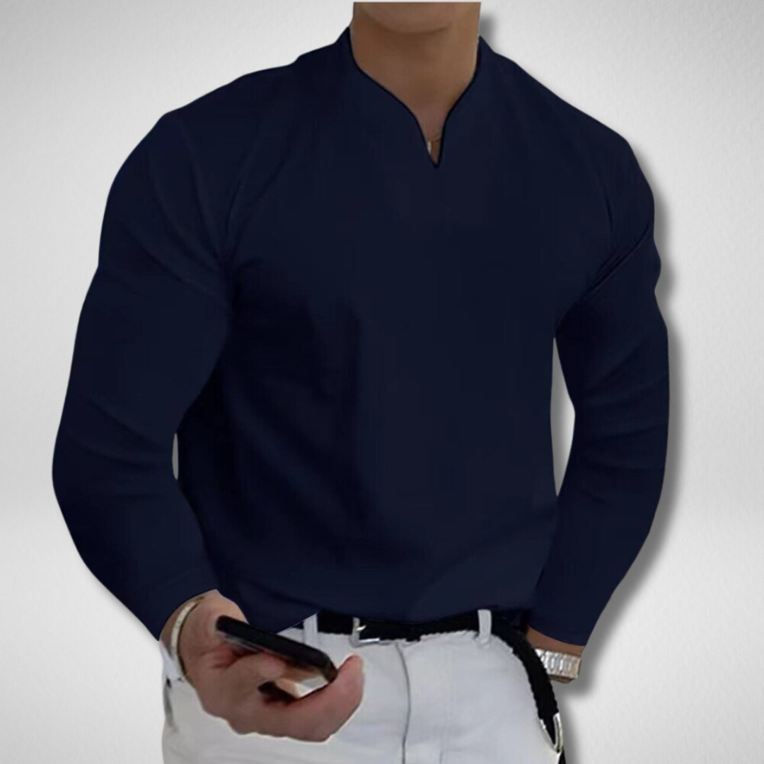 Men's white buttonless V-neck anti-perspiration shirt with sweat-wicking fabric and clean minimalist silhouette