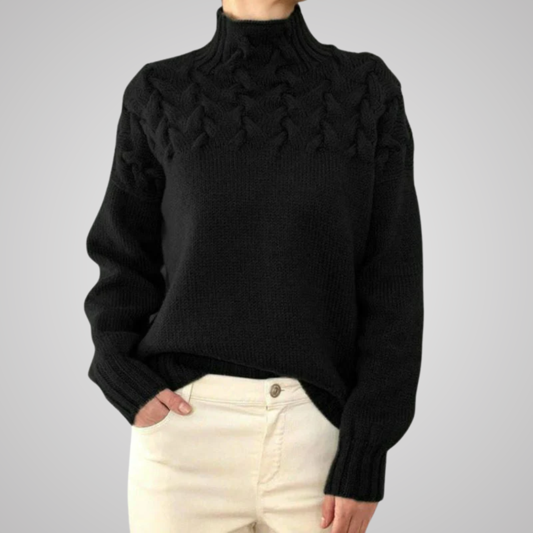 Women's cream cable knit turtleneck sweater with raised chest pattern for cozy elegance