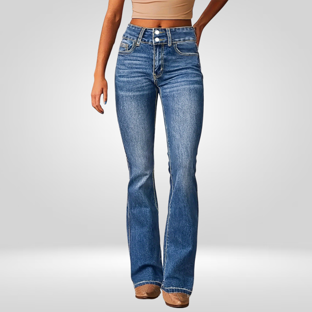 Women's high-rise bootcut jeans in classic blue with sculpting elongating fit and flattering silhouette