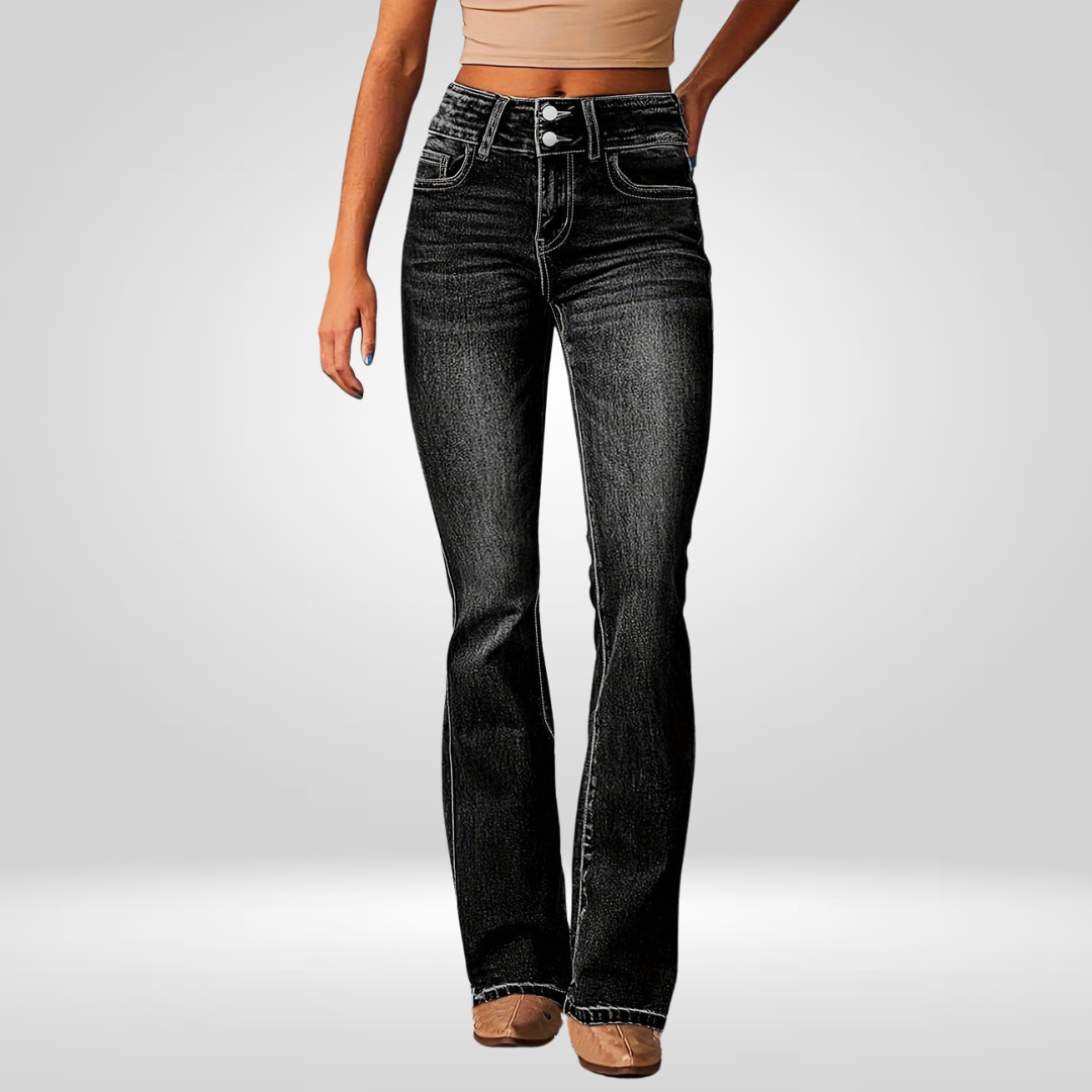 Women's high-rise bootcut jeans in classic blue with sculpting elongating fit and supportive waistband