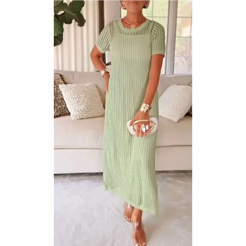 Sheer knit maxi evening gown with flowing silhouette, lightweight fabric for effortless glam