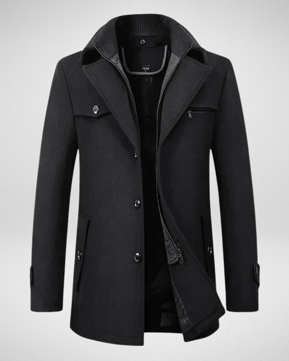 Men's dark tailored coat with sleek structured shoulders and modern slim-fit silhouette for professionals