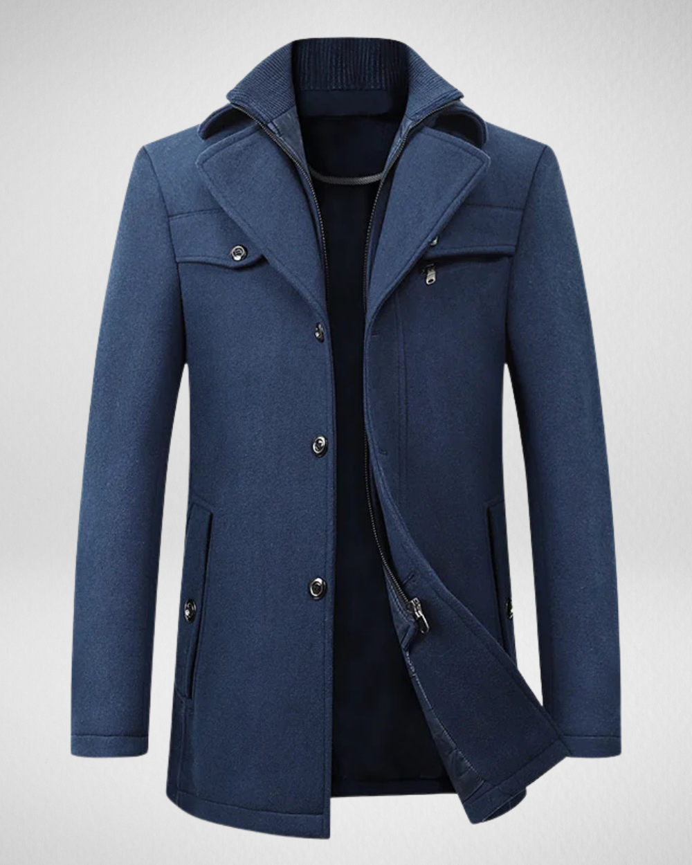 Men's tailored charcoal coat structured silhouette shoulder-enhancing professional slim-fit all-day comfort