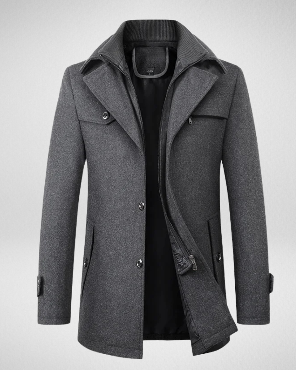 Men's dark tailored coat with sleek structured shoulders and polished professional slim-fit silhouette