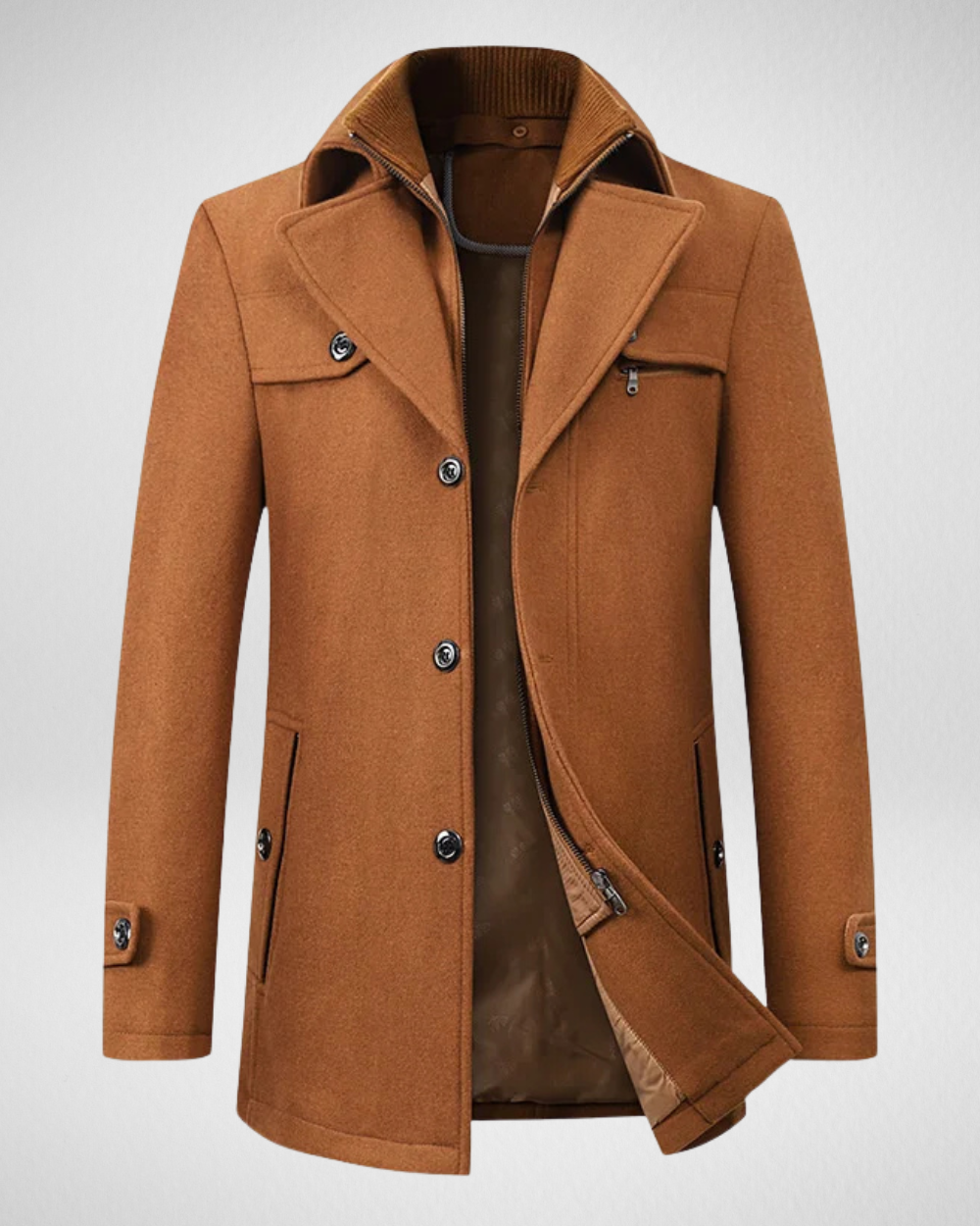 Men's tailored charcoal coat structured silhouette shoulder-enhancing cut for professionals