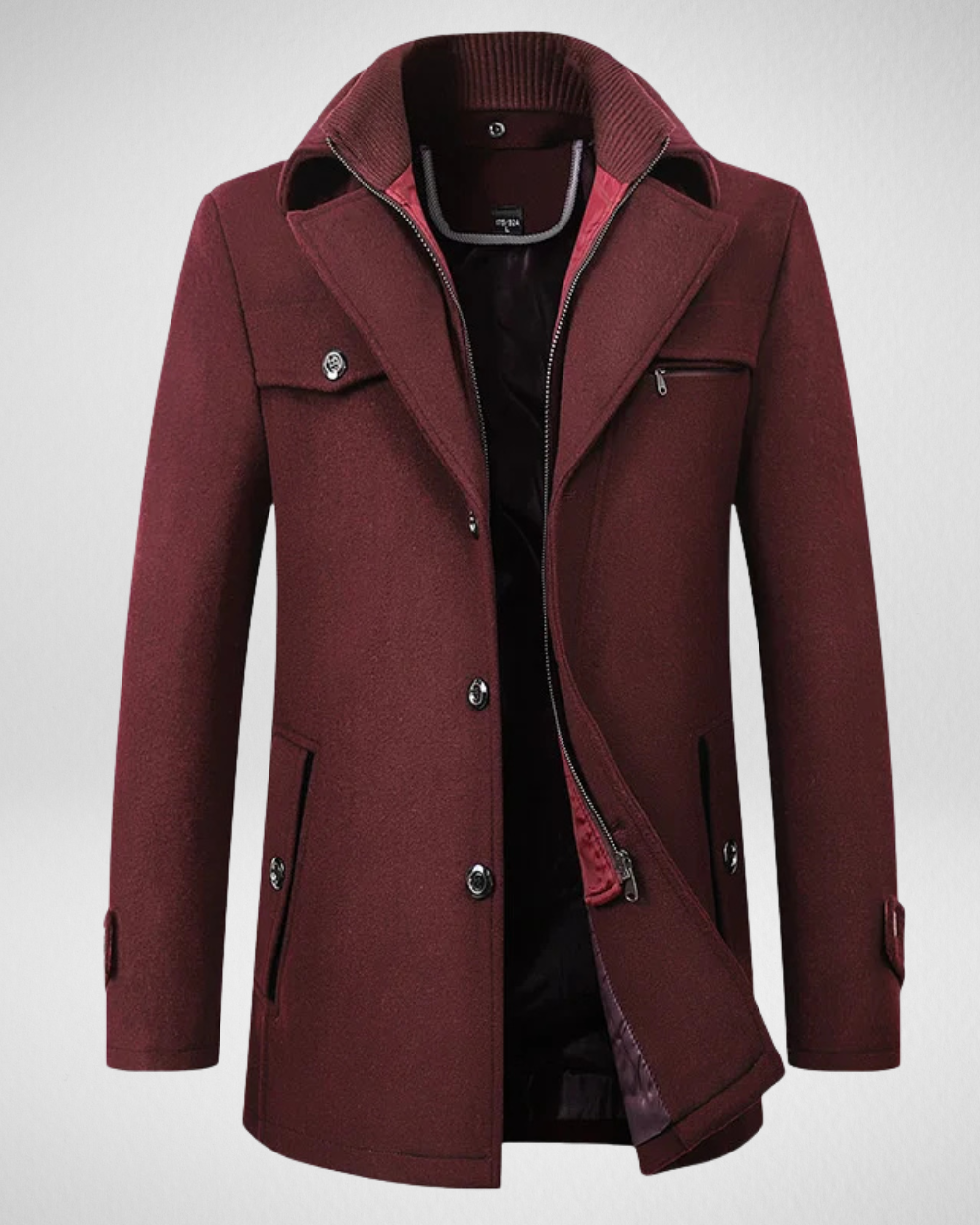 Men's tailored charcoal wool coat with structured shoulders and sleek modern silhouette
