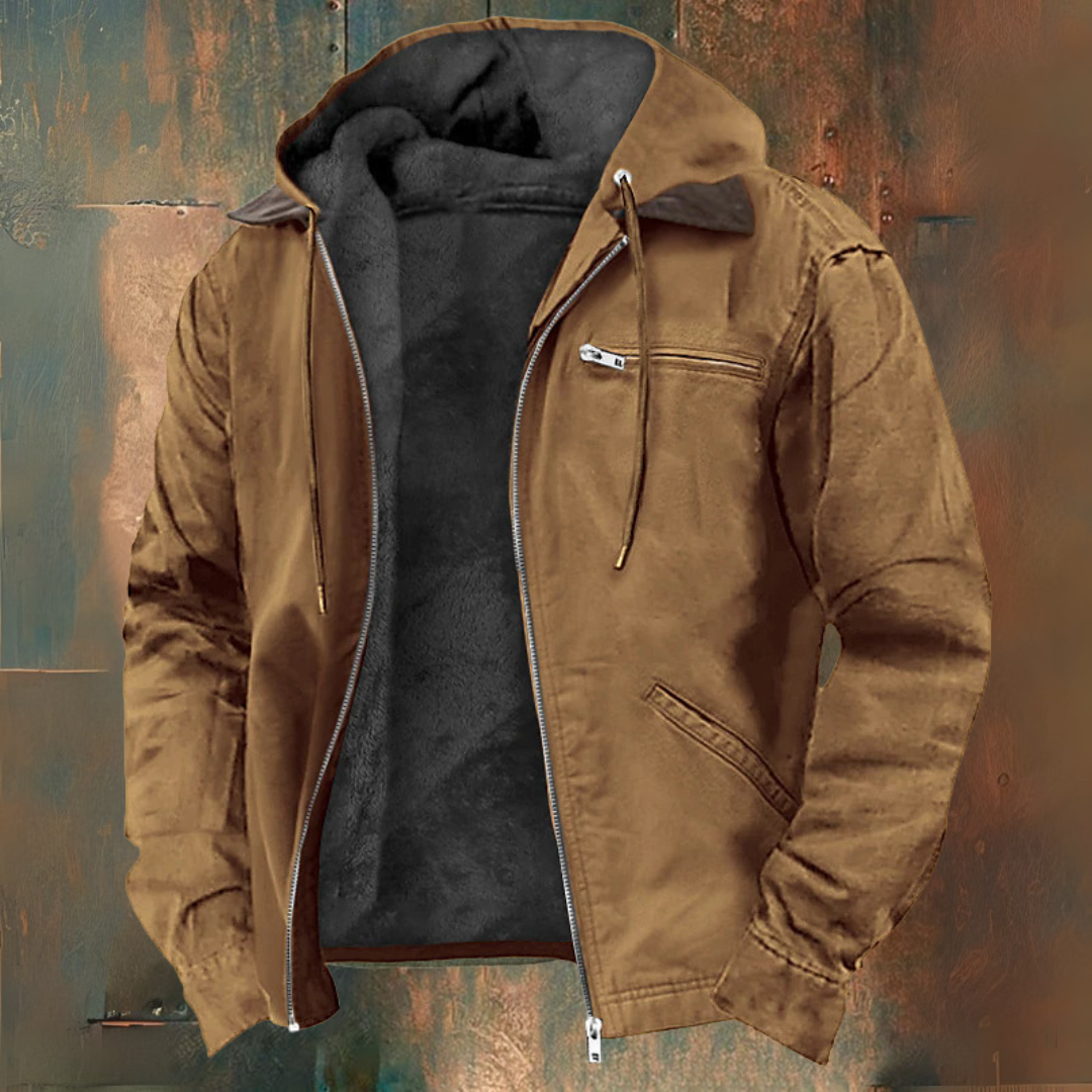 Men's winter hooded jacket black full zip soft-lined interior zippered chest pocket cold weather