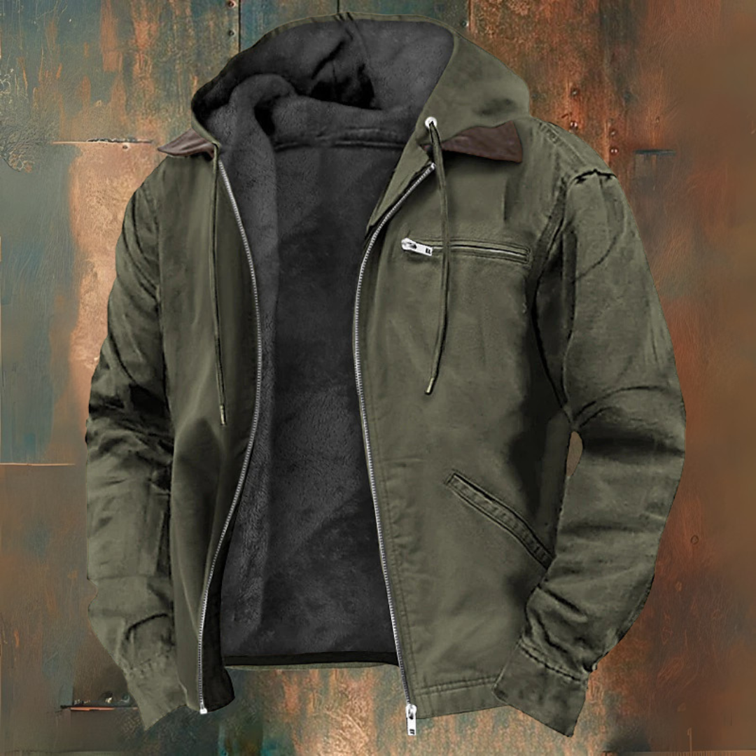 Men's winter hooded jacket navy full zip soft-lined interior zippered chest pocket casual fit