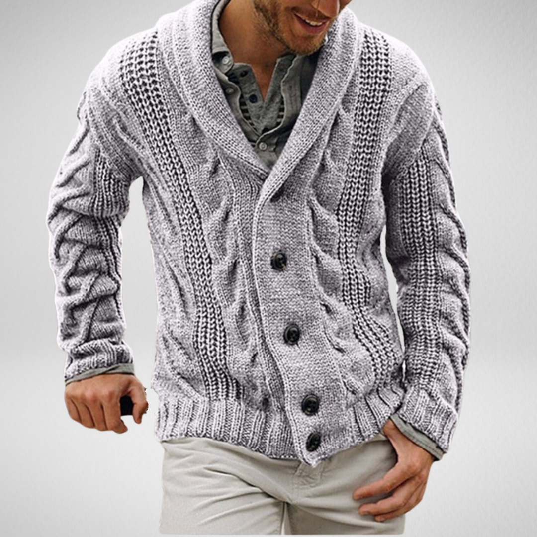 Men's cable knit shawl collar cardigan button-front relaxed fit with rich textured ribbed pattern