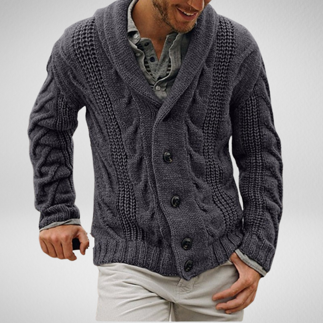 Men's cable knit shawl collar cardigan in relaxed fit with textured ribbed pattern and button front
