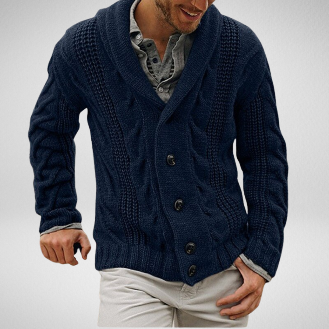 Men's cable knit shawl collar cardigan in relaxed fit with textured ribbed pattern and button front