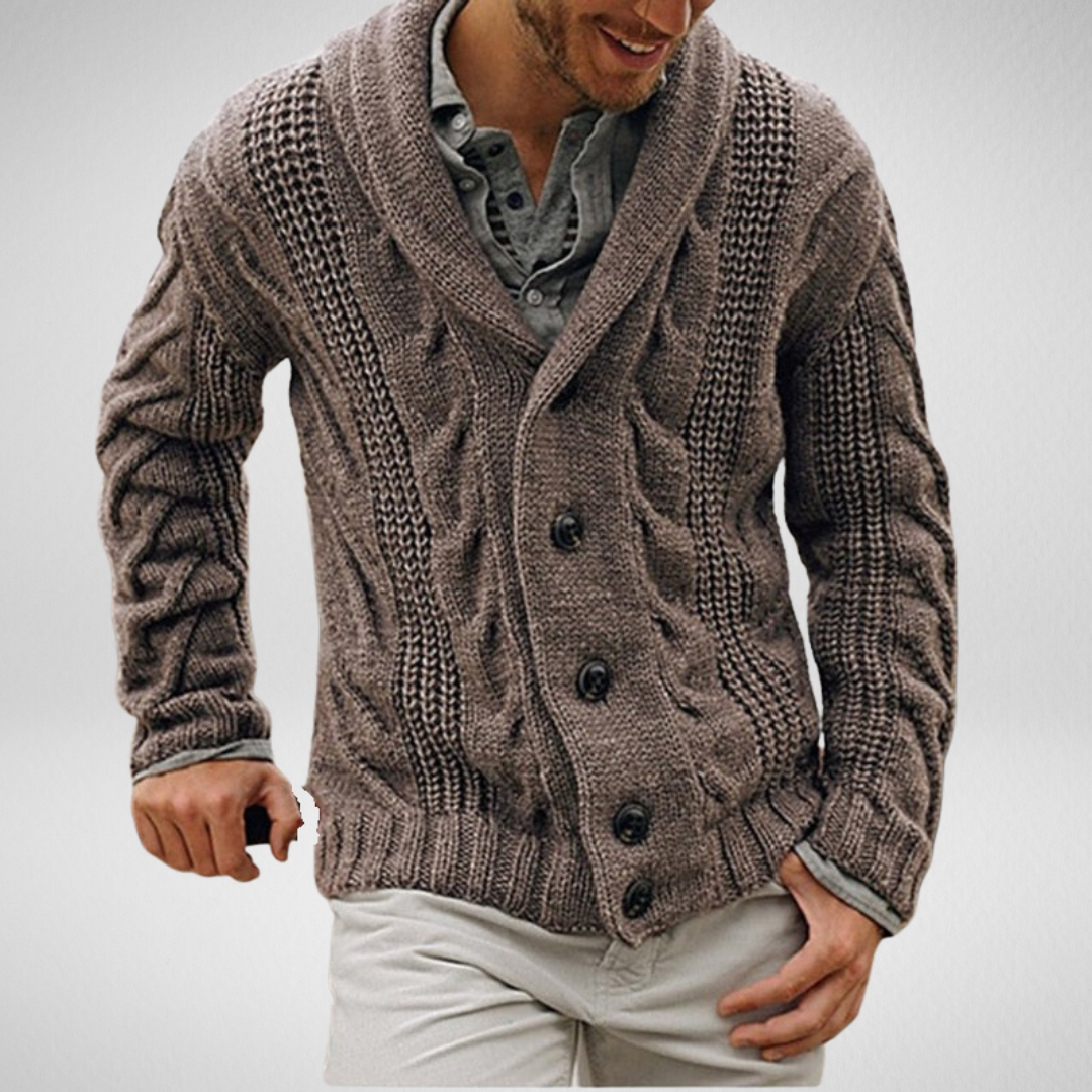 Men's cable knit shawl collar cardigan in relaxed fit with textured ribbed pattern and button front