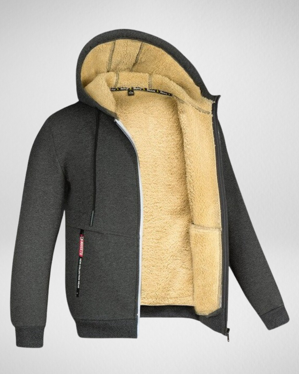 Men's zip hoodie with plush-lined interior, modern fit, cozy insulated winter layer for warmth
