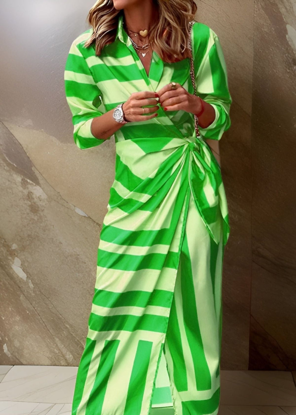Women's elegant wrap dress flattering silhouette premium fabric timeless versatile style