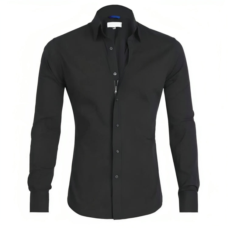 Men's white wrinkle-free zip-up dress shirt with slim fit and easy-care premium fabric