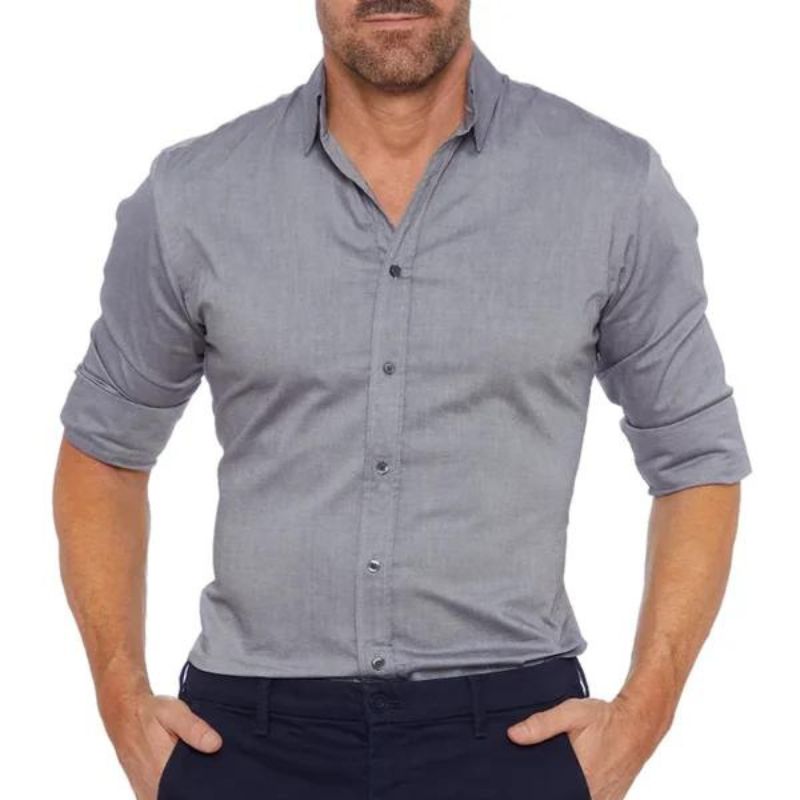 Slim fit men's shirt in neutral tone with zipper closure, breathable fabric, Nordic-inspired smart casual style