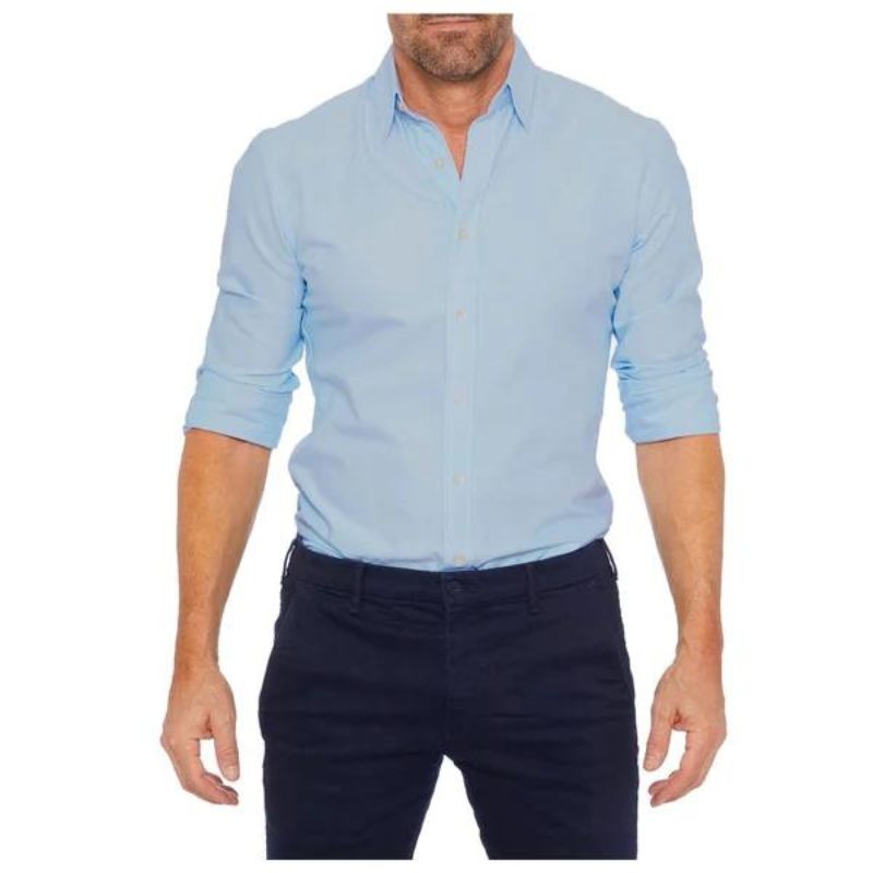 Men's wrinkle-free zip-up dress shirt in classic solid tone, slim office-ready cut with front zipper closure