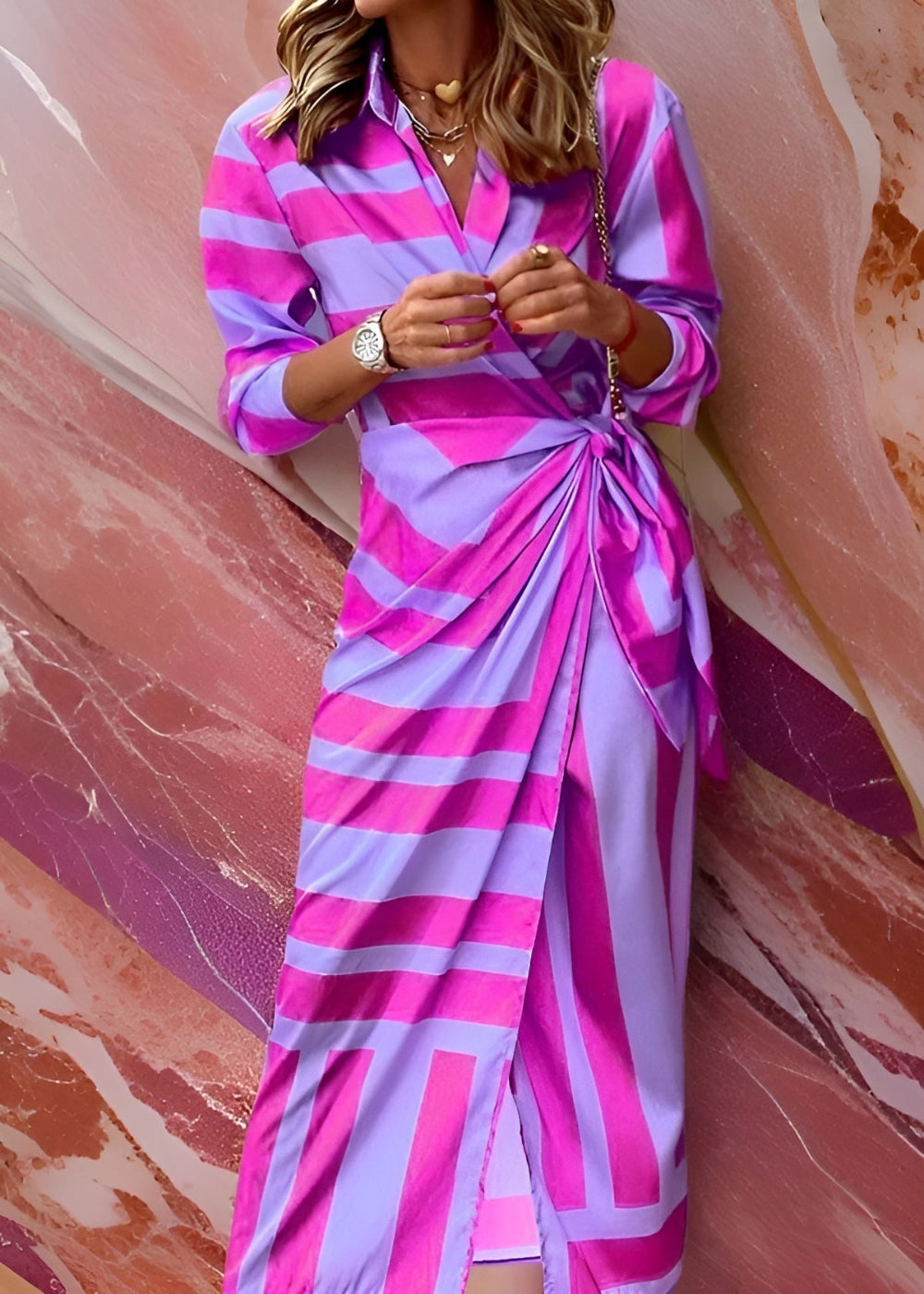 Women's elegant wrap dress flattering silhouette premium fabric timeless style versatile fit