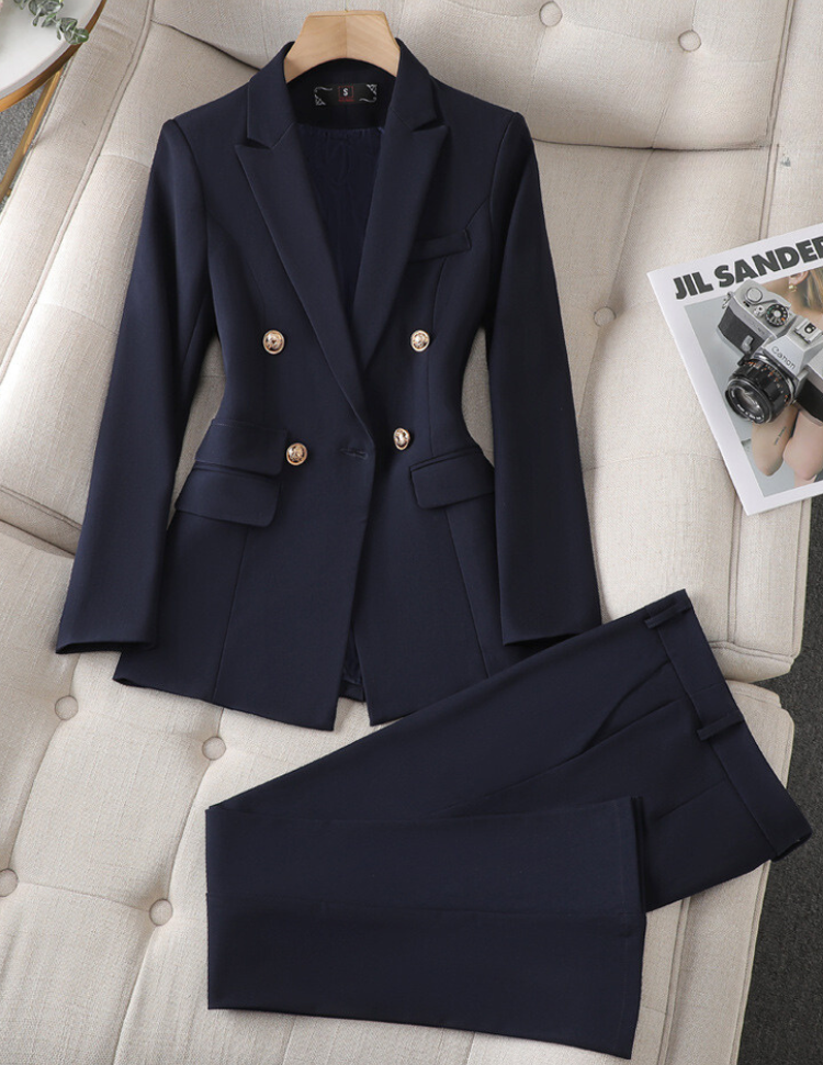 Women's navy blazer pants suit regular fit two-piece tailored set with classic professional style