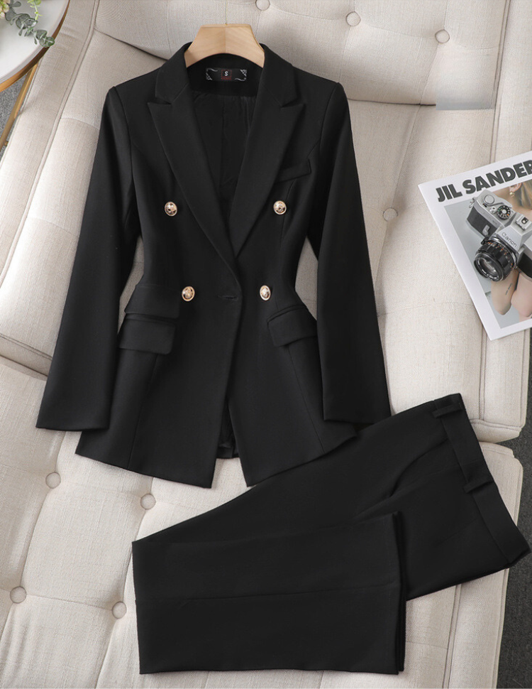 Navy blue women's blazer pants suit regular fit two-piece tailored set for professionals