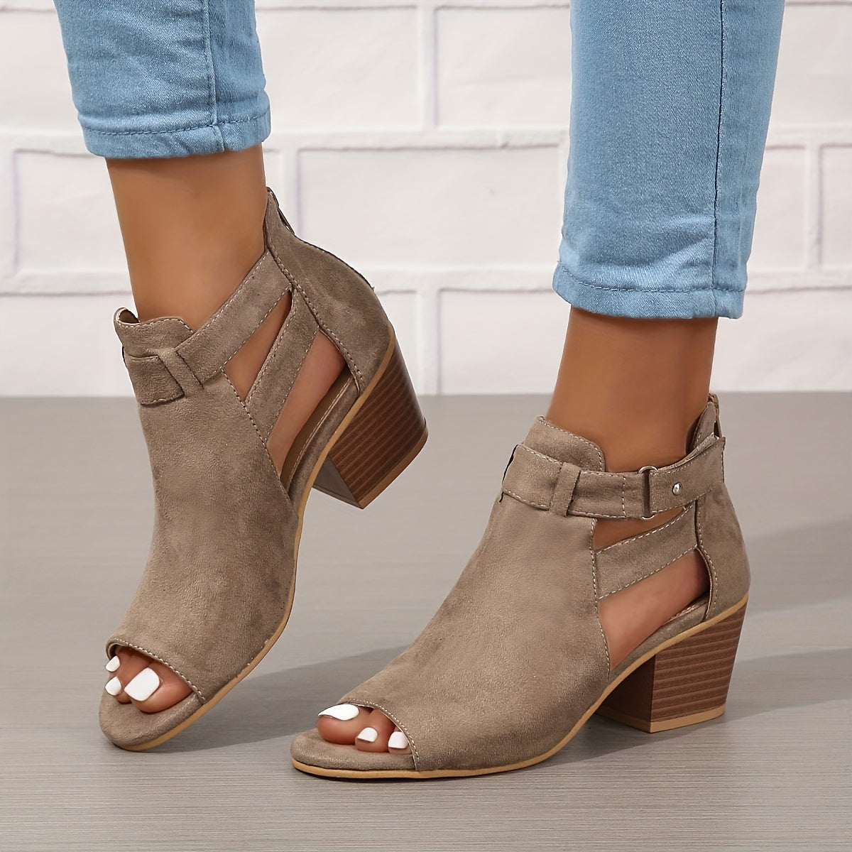 Women's faux suede open toe block heel sandals with side cutouts and adjustable ankle strap
