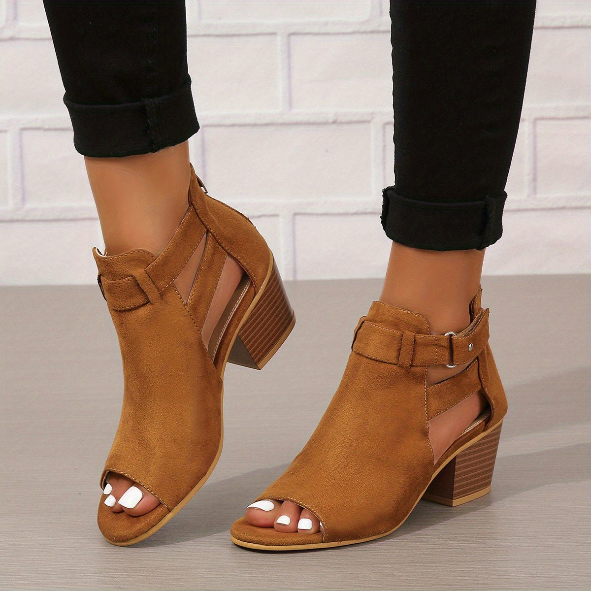 Women's faux suede open toe block heel sandals with side cutouts and adjustable ankle strap