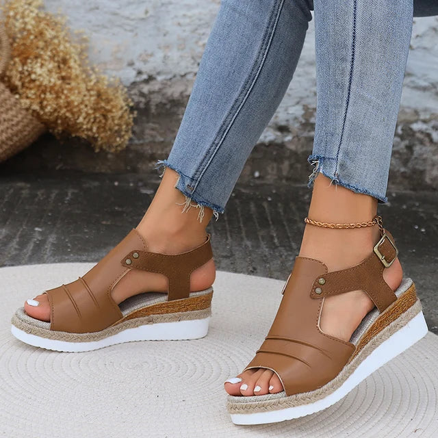 Women's open toe wedge sandals with adjustable buckle strap, cushioned sole, chic warm-weather style